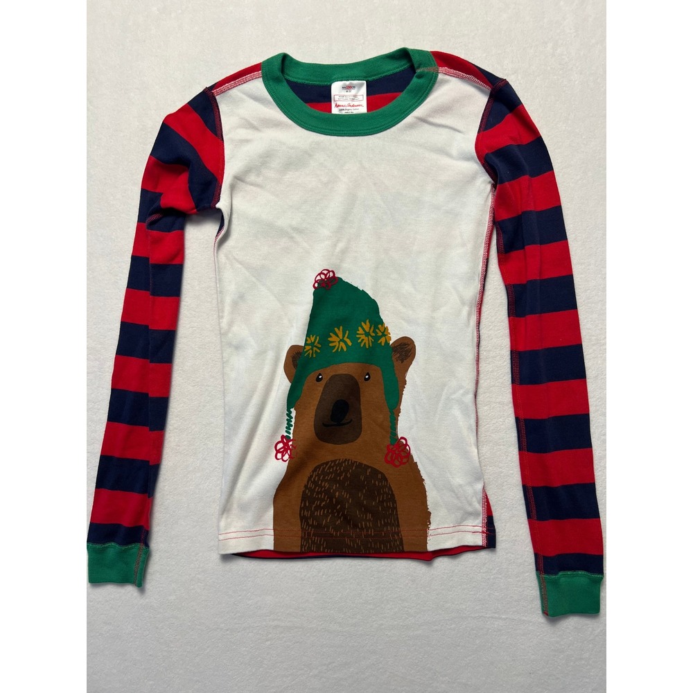 Hanna Andersson Boys 12 Pajama Top Holiday Bear Winter Red Navy Blue Striped